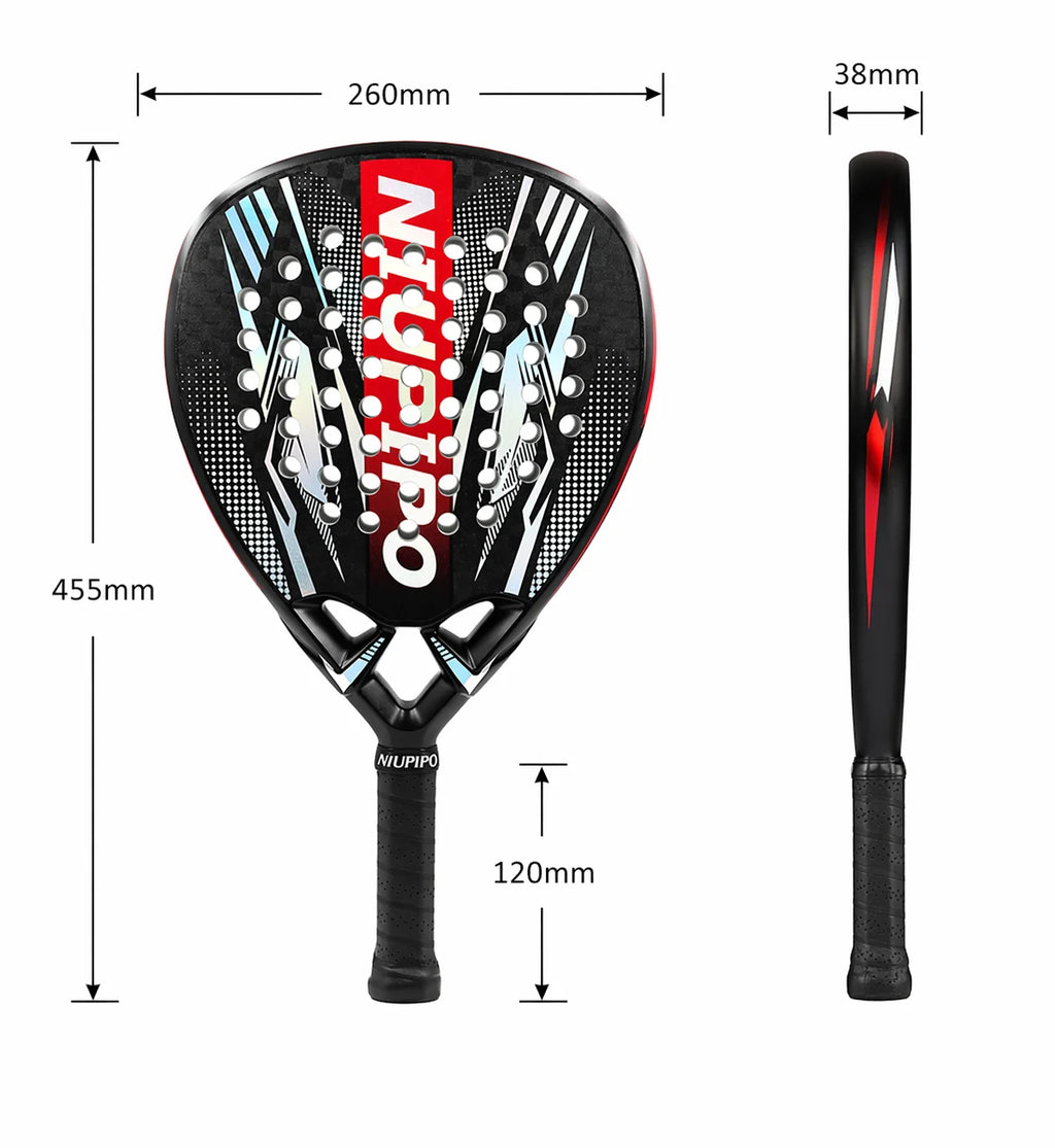 Niupipo 12K carbon diamond padel racket dimensions: 455 mm long, 260 mm wide, 38 mm thick