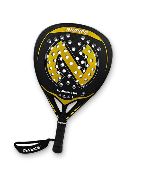 Niupipo 18K carbon diamond padel racket in black and gold, front view