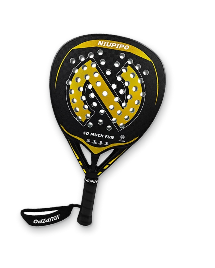 Niupipo 18K carbon diamond padel racket in black and gold, front view
