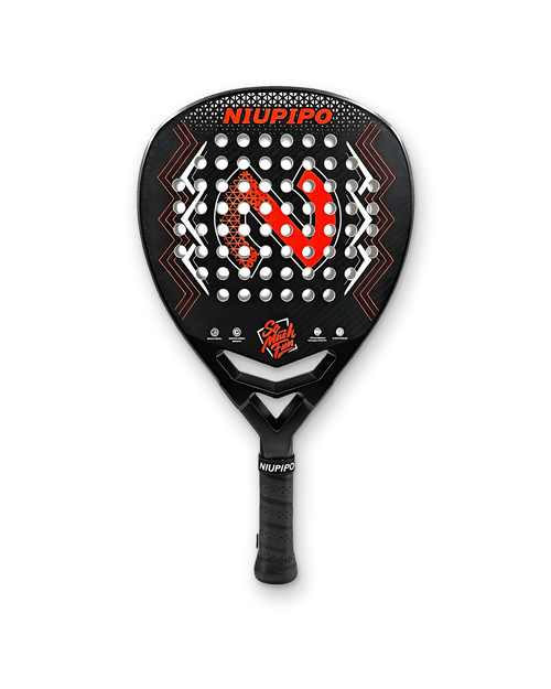 Niupipo 3K carbon diamond padel racket in black and red, front view
