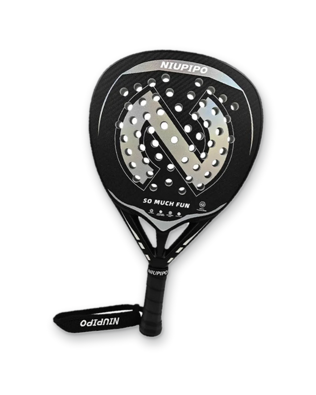 Niupipo 3K carbon diamond padel racket in silver and black, front view