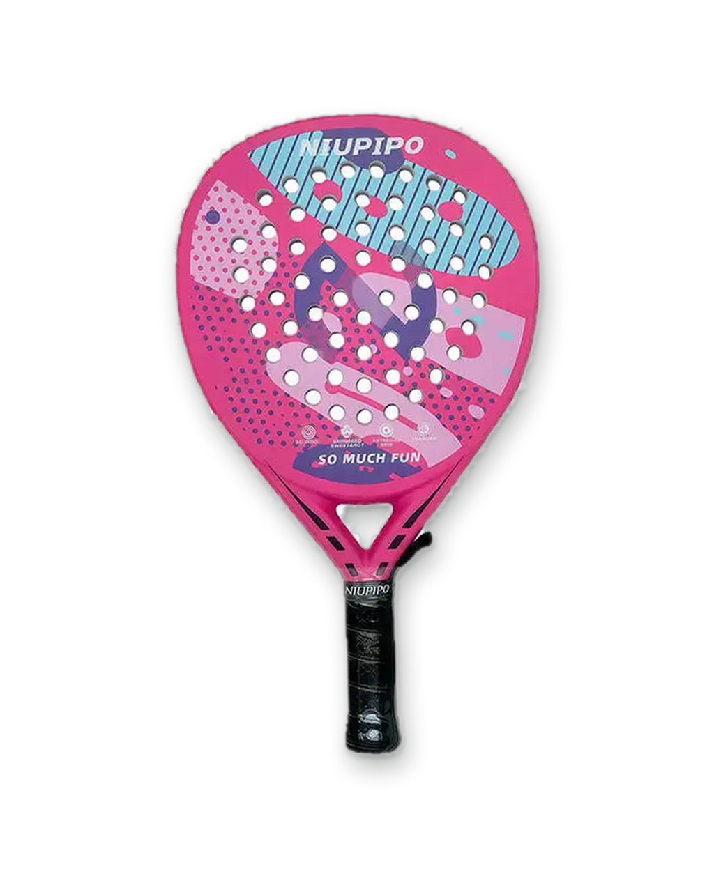 Niupipo carbon teardrop padel racket in pink, one of the two rackets in the couples set
