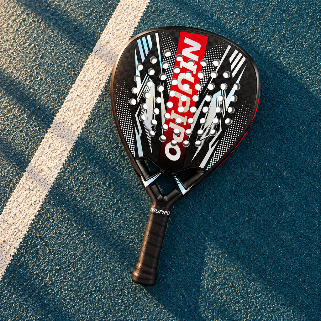 AI-styled product photograph of the red and black 12K diamond padel racket on a teal court.