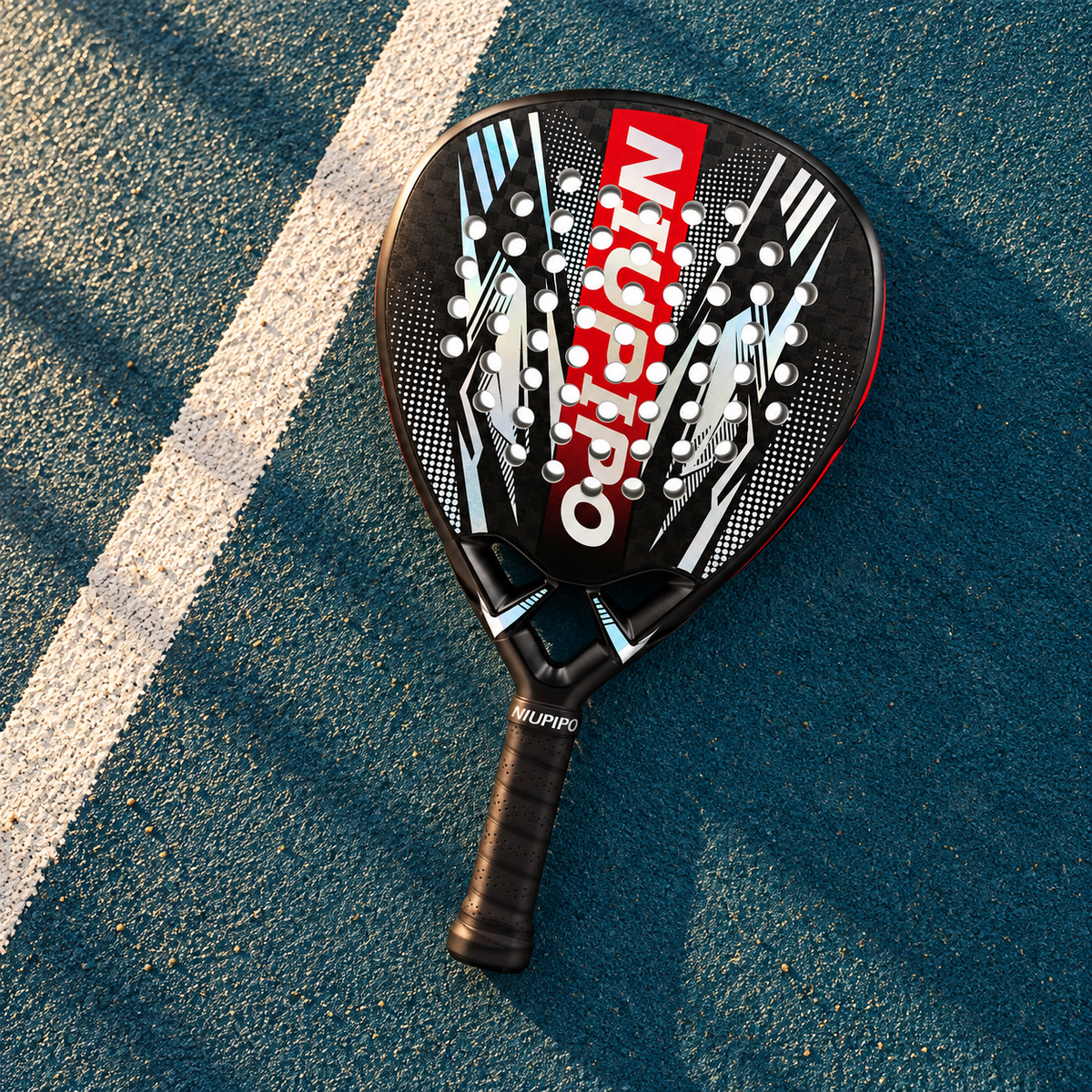 AI-styled product photograph of the red and black 12K diamond padel racket on a teal court.