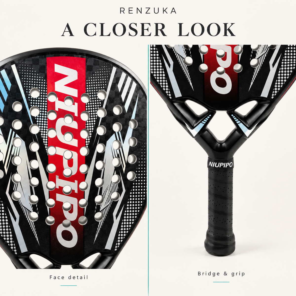 Close-up illustration of the red and black 12K racket face, three throat openings and wrapped grip.