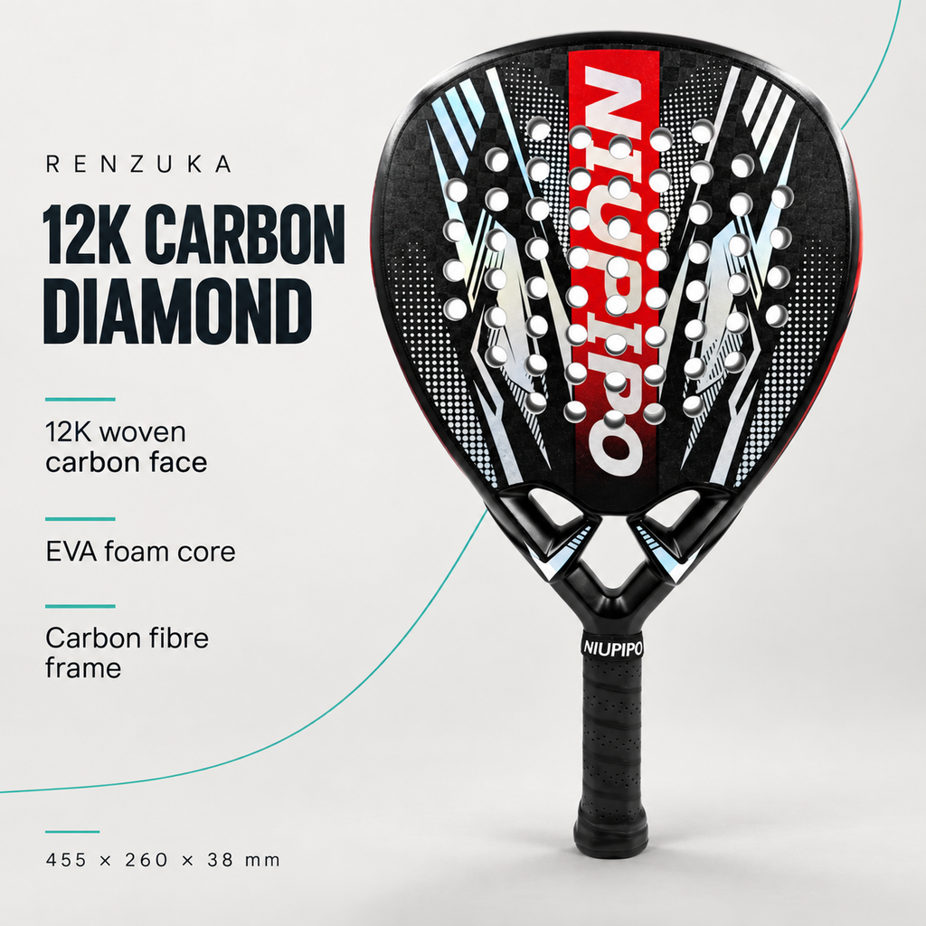 Niupipo red and black 12K carbon diamond padel racket with carbon face, EVA core and carbon frame specifications.