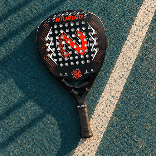 AI-styled product photograph of the black and red 3K carbon diamond padel racket on a teal court.