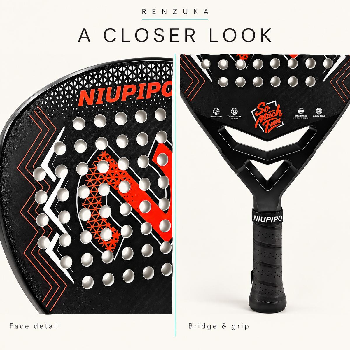 Close-up illustration showing the black and red 3K racket face, bridge and wrapped grip.