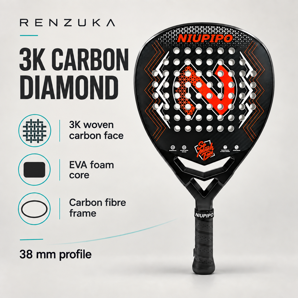 Black and red 3K diamond padel racket specifications: 3K carbon face, EVA foam core, carbon fibre frame, 38 mm profile.