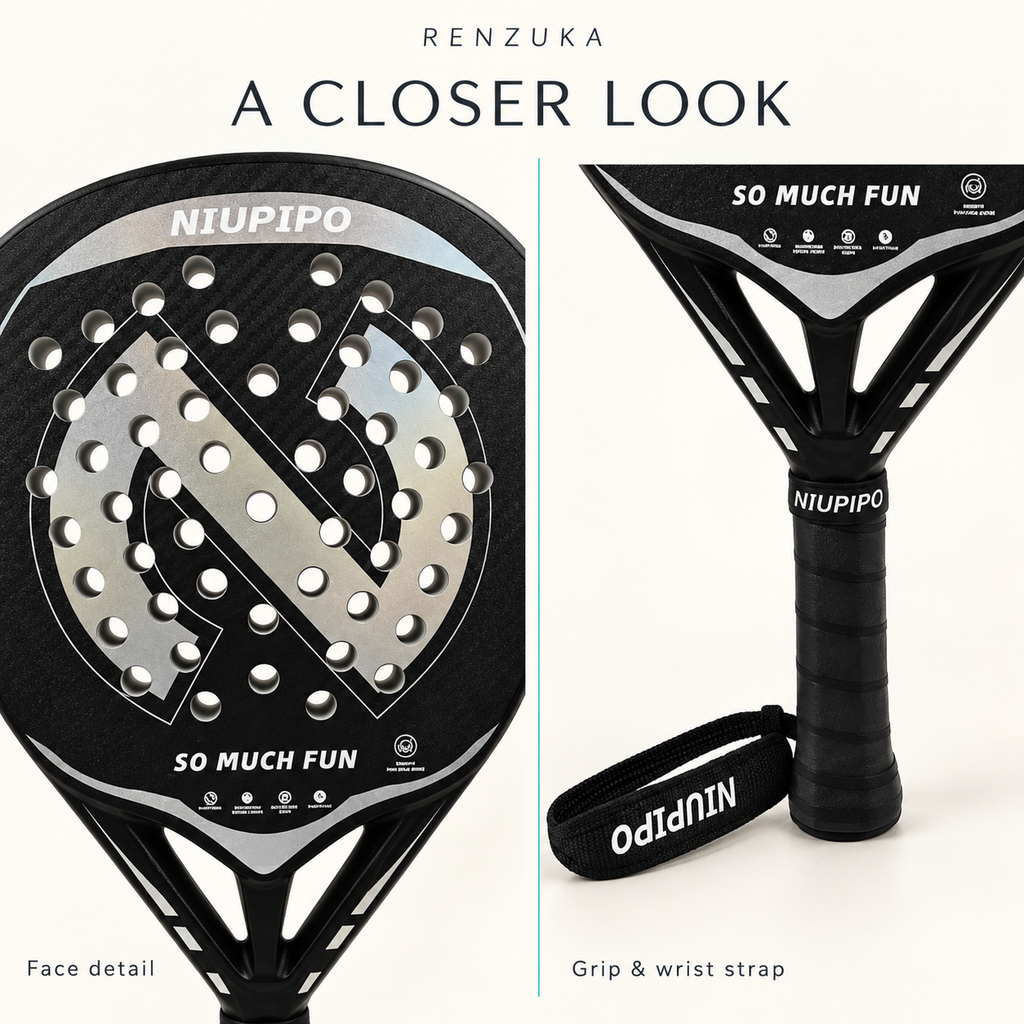 Close-up illustration of the silver 3K racket face, black wrapped grip and fabric wrist strap.