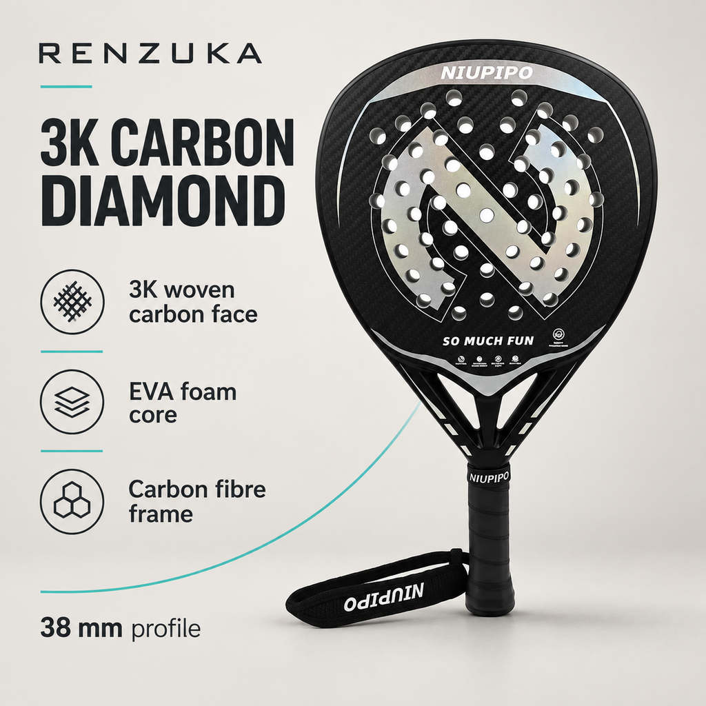 Silver and black 3K diamond padel racket specifications: carbon face, EVA foam core, carbon fibre frame and 38 mm profile.