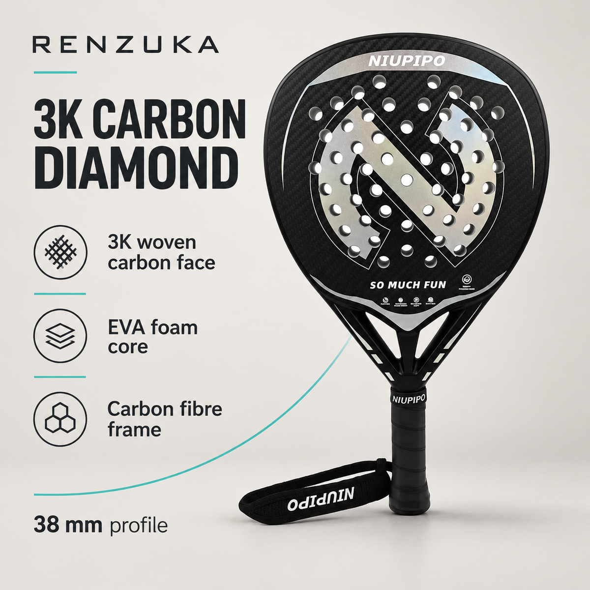 Silver and black 3K diamond padel racket specifications: carbon face, EVA foam core, carbon fibre frame and 38 mm profile.