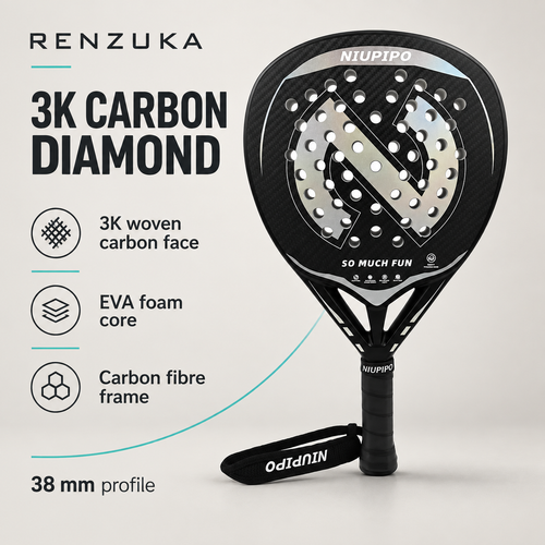 Silver and black 3K diamond padel racket specifications: carbon face, EVA foam core, carbon fibre frame and 38 mm profile.