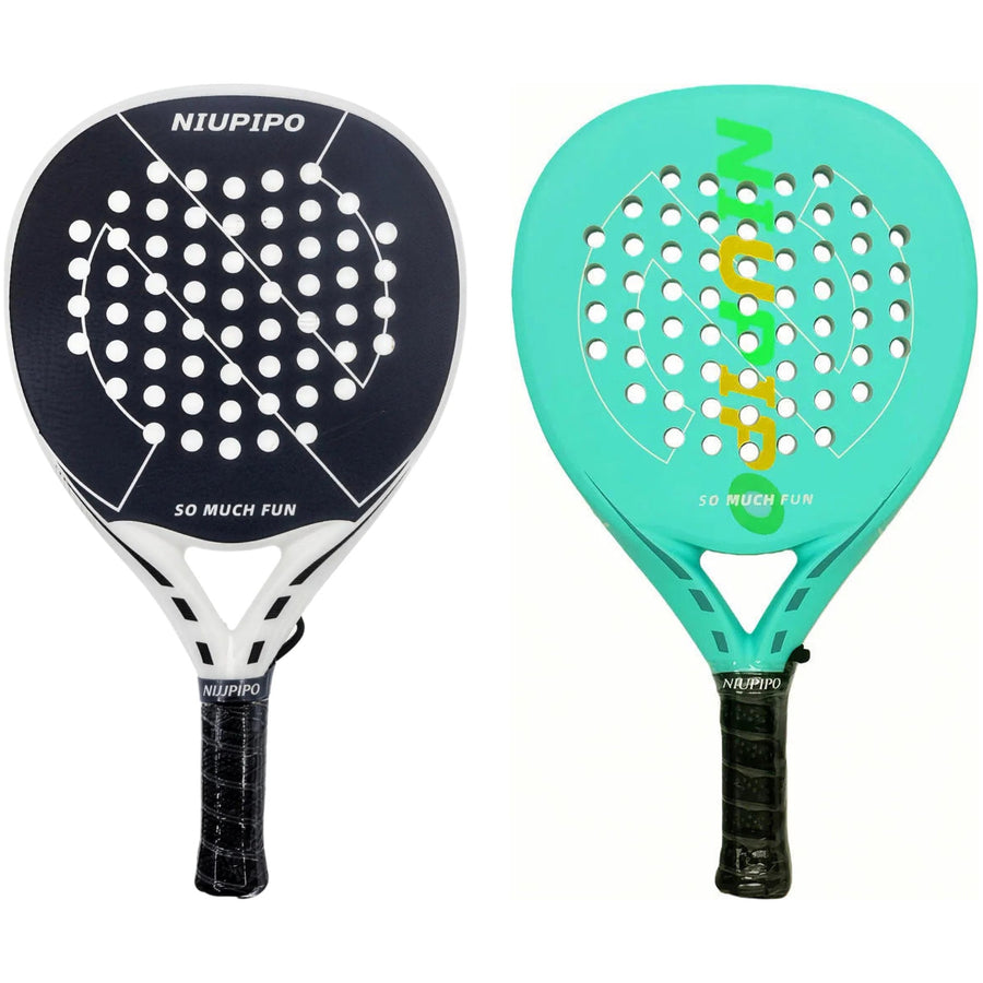 Niupipo bros padel racket set of 2: black-white and mint carbon teardrop rackets side by side