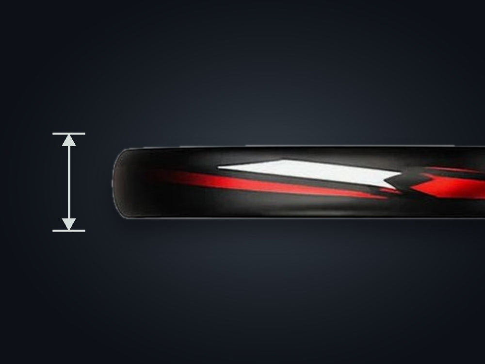 Side profile of a Renzuka carbon padel racket frame, marked to show its 38 mm thickness