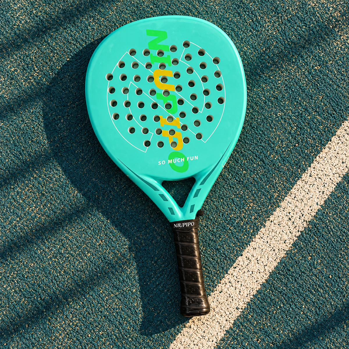 AI-styled product photograph of the mint carbon teardrop padel racket on a teal court.