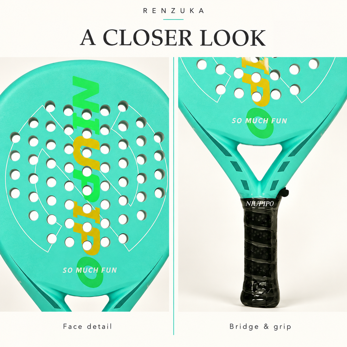 Close-up illustration of the mint teardrop racket face, open triangular bridge and black grip.