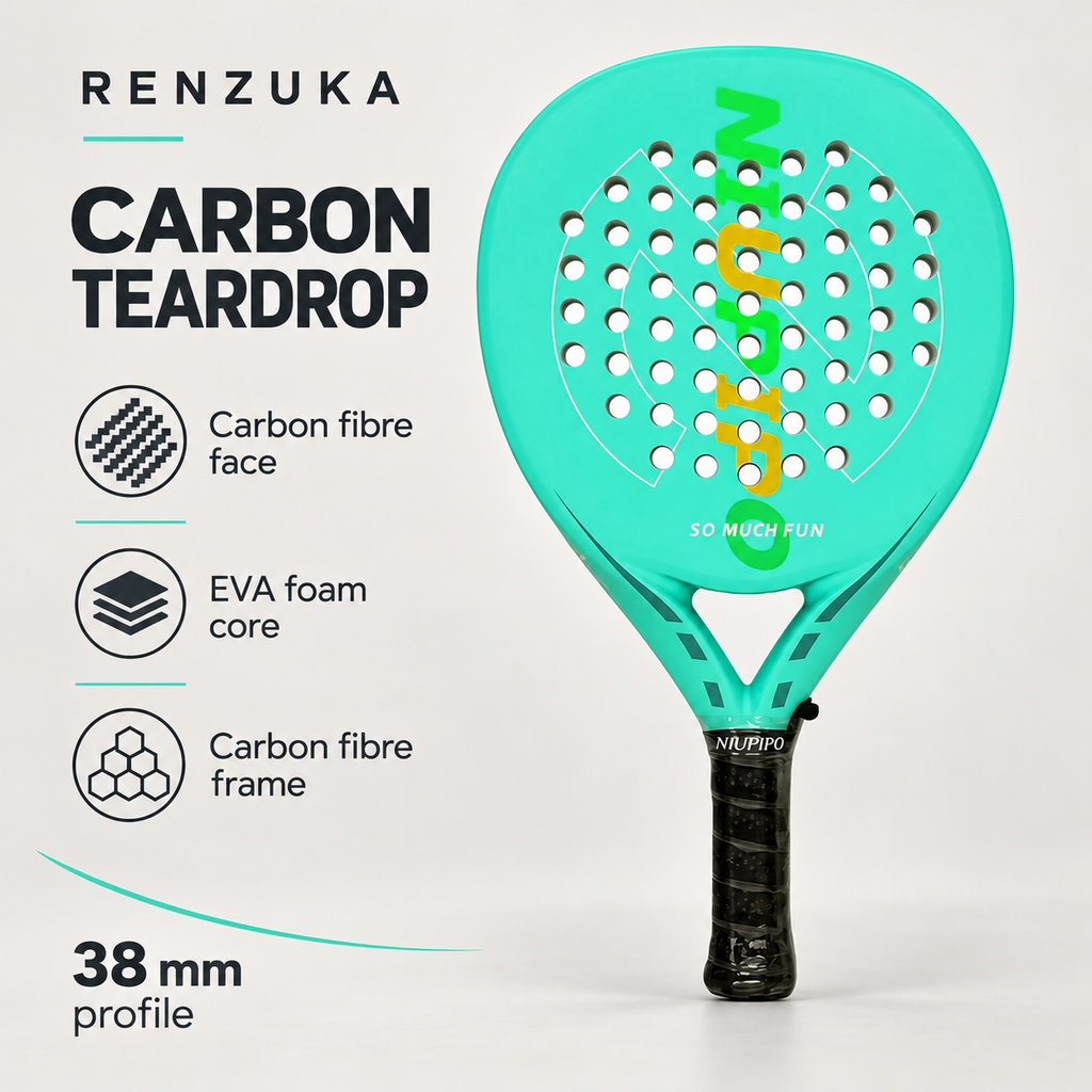 Carbon teardrop padel racket specifications: carbon fibre face and frame, EVA foam core and 38 mm profile. Mint colour shown.