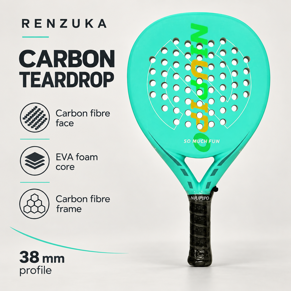 Carbon teardrop padel racket specifications: carbon fibre face and frame, EVA foam core and 38 mm profile. Mint colour shown.
