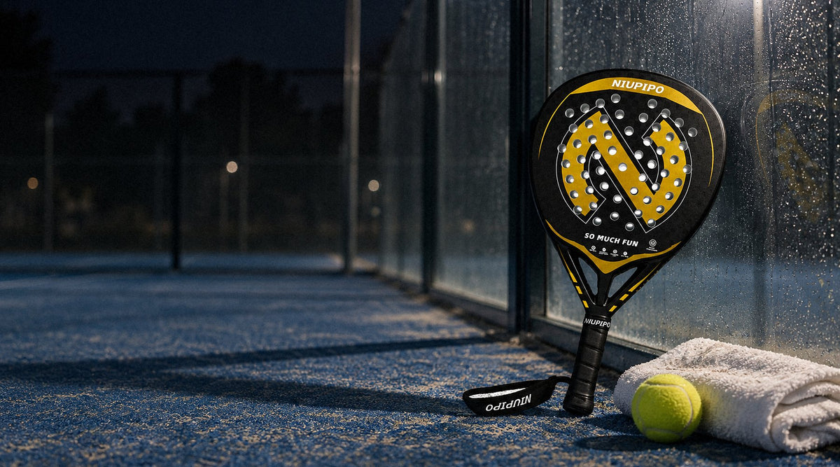 The 18K carbon diamond racket resting against the court glass under a floodlight