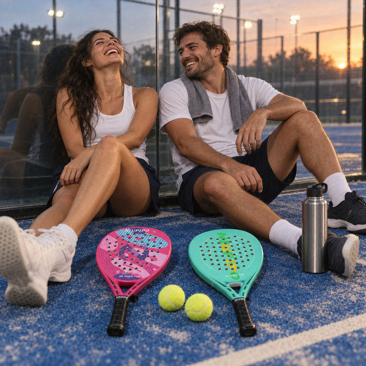 Two players laughing courtside after a match with the pink and mint carbon teardrop rackets